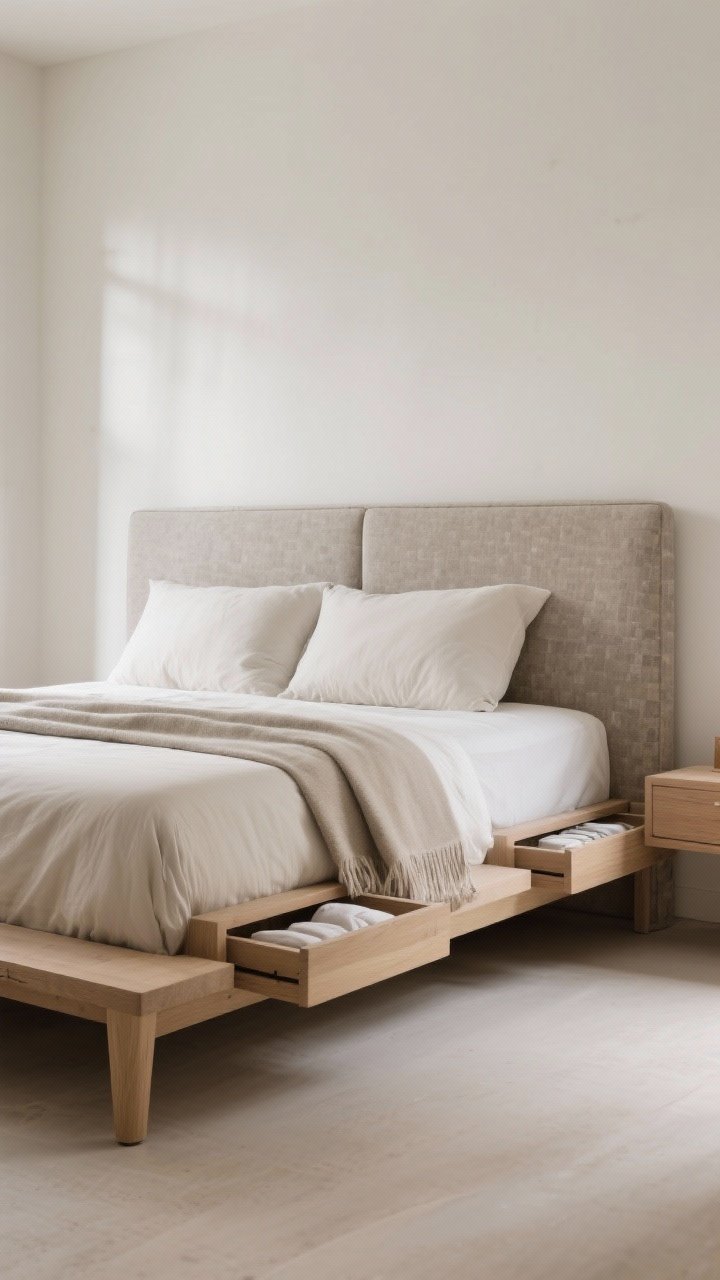Straight-on medium shot: A low-profile solid wood platform bed with a simple upholstered headboard in neutral stone fabric, no ornate detailing, clean legs, hidden storage drawers slightly ajar showing neatly folded linens; neutral bedding limited to two pillow sizes and a single throw at the foot; uncluttered, evenly lit with soft natural light, photorealistic.
