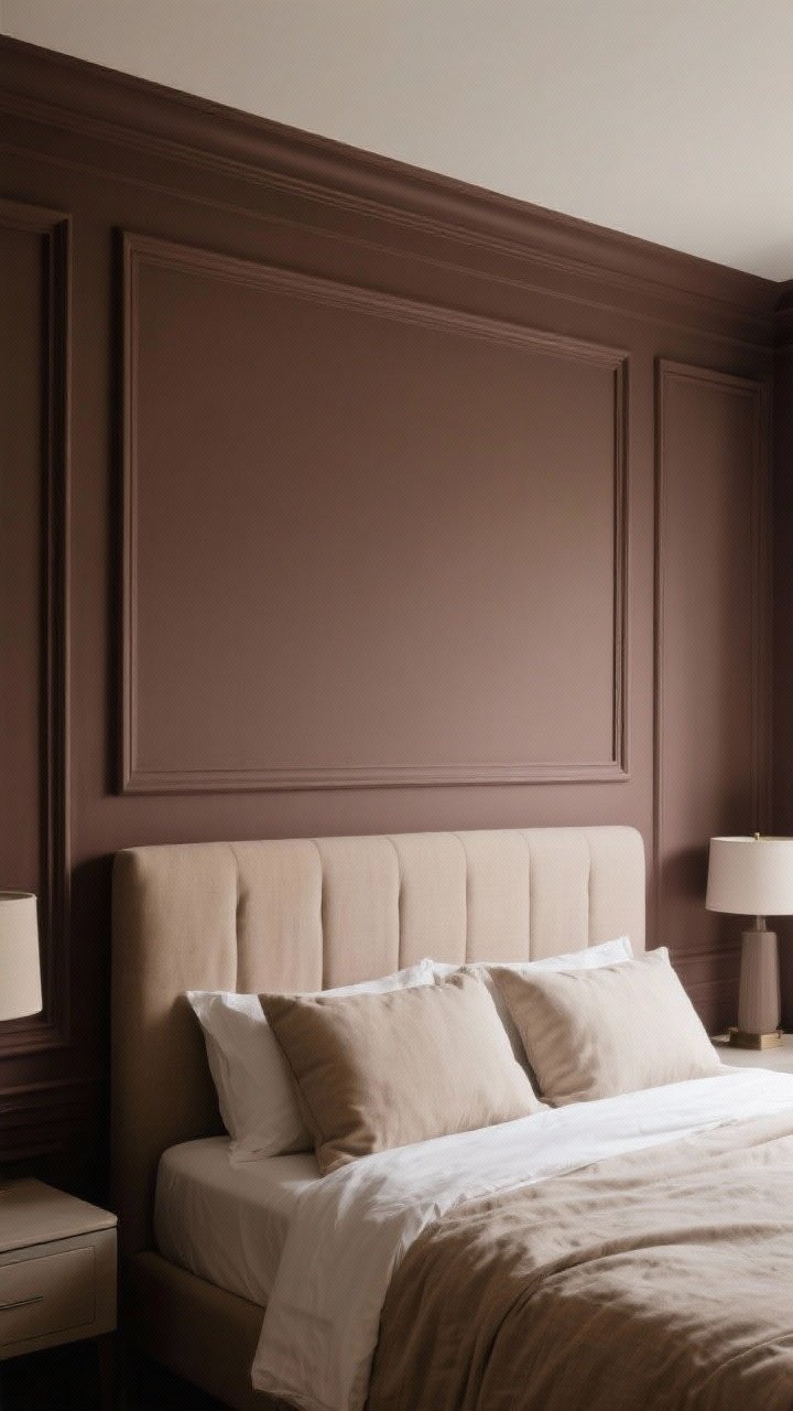 Straight-on medium shot: A statement headboard wall with box molding painted the same deep mushroom tone as the wall and trim, creating a quiet, cocooned look. Proportions sized to ceiling height, finish in matte to hide imperfections; upholstered bed in flax linen, soft bedside glow, restrained and luxe.