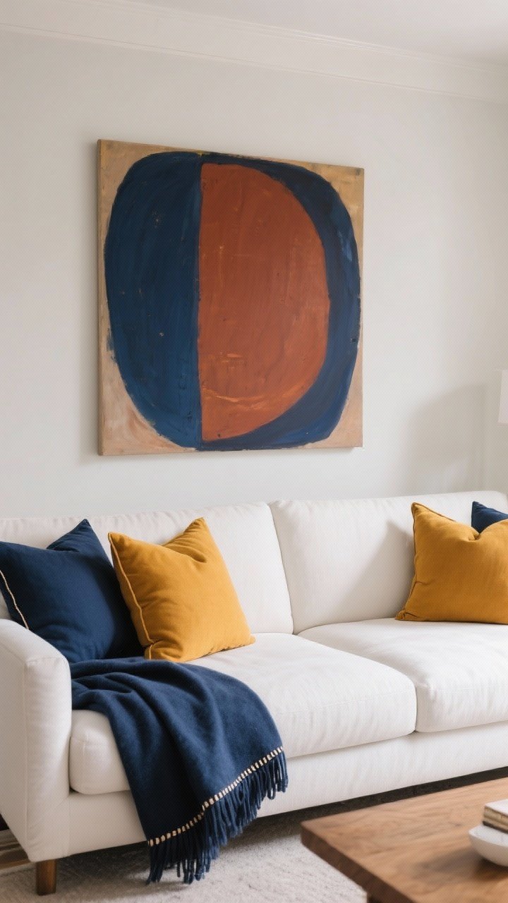 Straight-on medium shot: A white couch kept classic while color arrives via accessories—pillows and art in a cohesive palette of navy, rust, and marigold; oversized statement art above the sofa echoing those hues; a folded navy throw over an arm; removable pillow covers implied by hidden zippers; neutral walls and simple styling to keep the sofa timeless.
