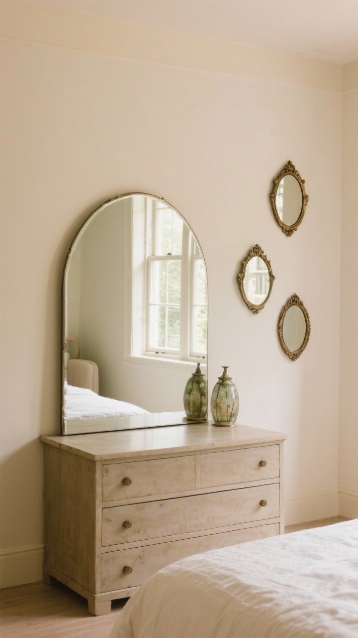 Straight-on medium shot: An oversized arched mirror with rounded edges leaning above a dresser opposite a window, bouncing soft natural light into the room. A trio of smaller vintage mirrors with subtle antique glass patina arranged nearby; reflections avoid clutter, walls in warm off-white, calm bedroom mood with gentle highlights.