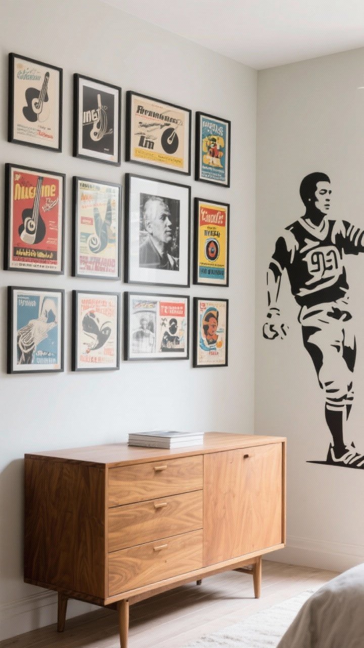 Straight-on medium shot: Bold graphic art wall above a dresser—framed vintage music and sports posters arranged in a clean grid, a large black-and-white photo for a polished touch, and an oversized removable wall decal on an adjacent wall. Neutral backdrop, minimal clutter, soft daylight that highlights the frames’ alignment.