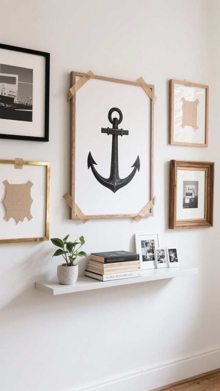 Straight-on medium shot: Curated gallery wall—one large anchor piece centered (poster or canvas), surrounded by varied frame sizes in two to three finishes (e.g., black, brass, natural wood), paper templates still taped on a portion for layout realism or fully finished arrangement; add depth with a slim picture ledge holding a small plant and a mini stack of books, plus swappable prints and polaroids; soft even daylight.
