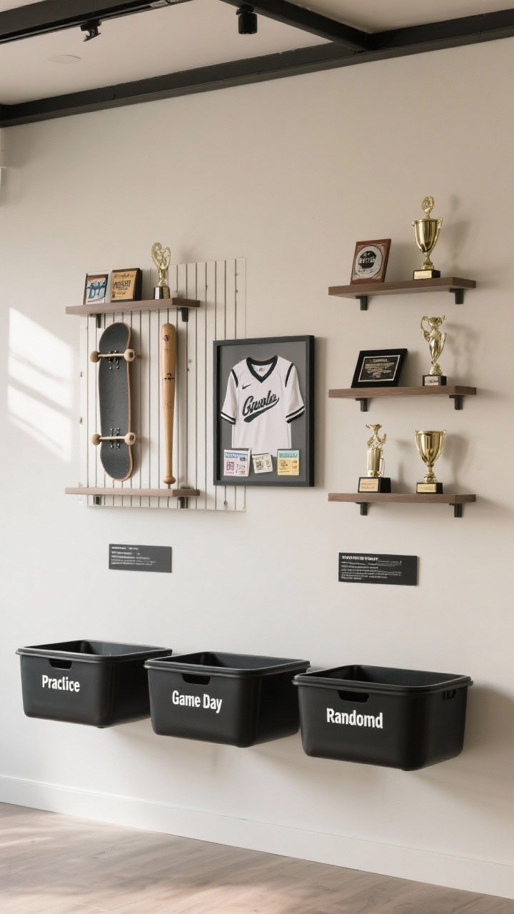 Straight-on medium shot: Curated sports display wall—floating shelves with spaced trophies and memorabilia, a slatwall panel holding a skateboard and baseball bat, and a shadow box framing a signed jersey and ticket stubs. Below, labeled gear bins: Practice, Game Day, Random (clean, black-and-white tags). Neutral wall color, balanced daylight.