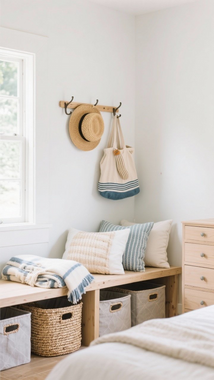 Straight-on medium shot highlighting stylish storage: woven baskets under a bench for throws and extra pillows, neat fabric-covered underbed bins partially visible, a light wood dresser with simple coastal-friendly hardware, and wall hooks/pegs holding a straw hat and beach bag; clutter-free surfaces, calm palette; bright natural daylight; photorealistic