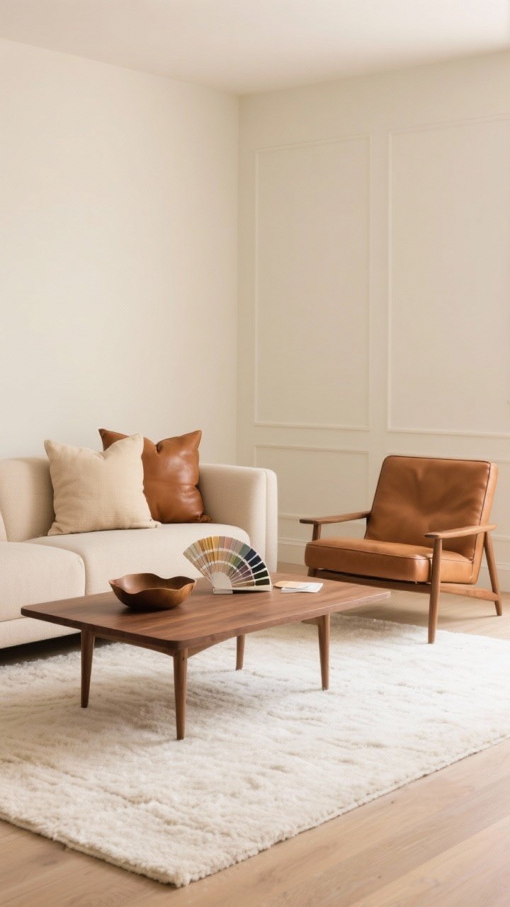 Straight-on medium shot illustrating a tone-on-tone palette: warm ivory walls, beige sofa, cream rug, caramel leather accent chair, and a walnut coffee table; include a small paint fan deck or chips on the table to hint at shade planning; each shade repeated in accessories (beige pillows, caramel leather catchall); soft, even lighting for depth without harsh contrast.