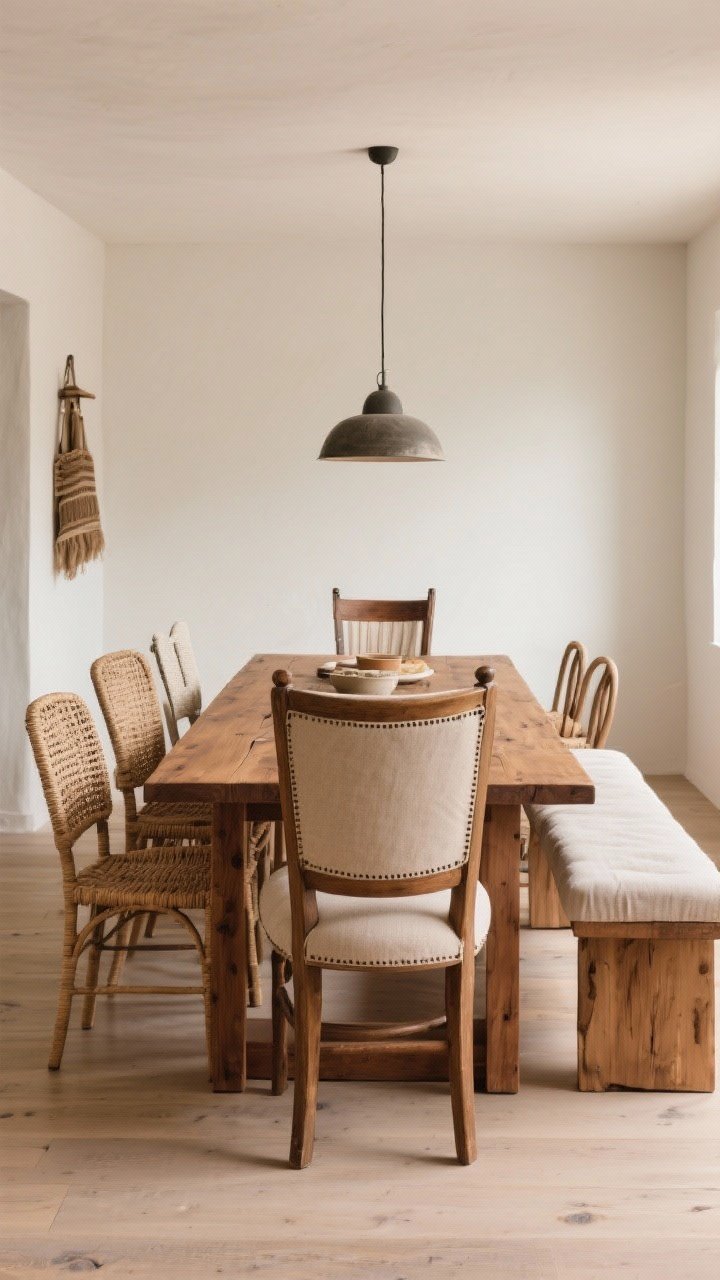 Straight-on medium shot: Mismatched dining seating around a warm wood table—upholstered captain’s chairs at the ends, woven side chairs along the sides, and a simple wood bench on one side. Tones limited to wood, natural fiber, and soft neutral upholstery to keep cohesion; casual, curated boho mood with balanced textures.