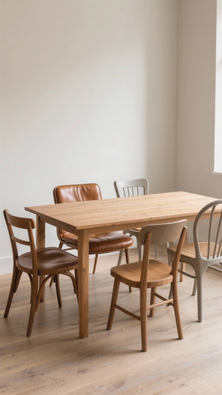 Straight-on medium shot: Mixed dining chair set around a simple wood table—two head chairs in leather upholstery, four side chairs alternating Windsor-style and molded plastic in consistent seat height and scale; repeating detail via matching wood tone and upholstery color; clean, cozy palette; soft daylight, photorealistic.