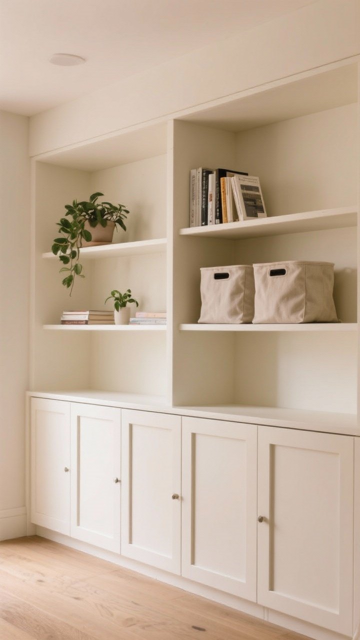 Straight-on medium shot of a 10-inch-deep storage wall: closed lower cabinets in a muted warm white hiding clutter, open upper shelving styled with a few books, a small plant, and uniform fabric bins; shelves painted to match the wall for a built-in vibe; clean lines, soft ambient light, photorealistic