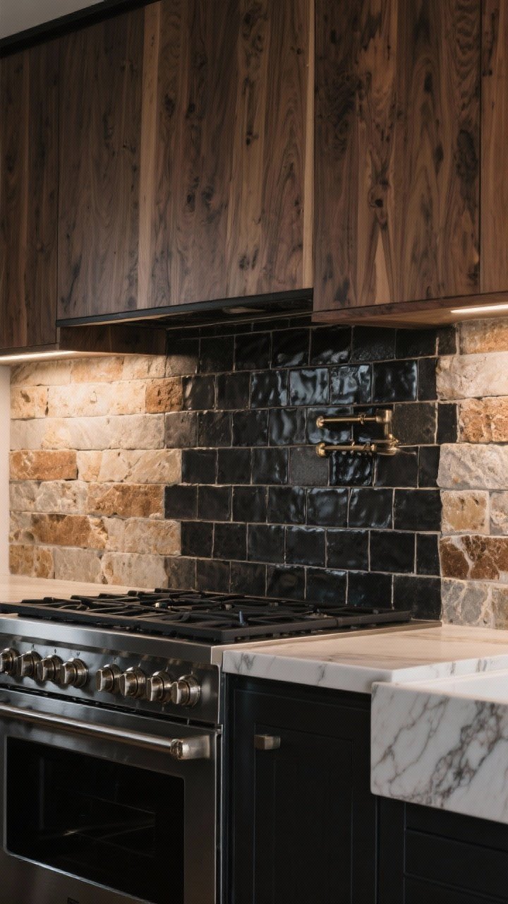 Straight-on medium shot of a backsplash: A black-and-wood kitchen where the backsplash bridges the palette—tumbled limestone or travertine tiles providing earthy warmth behind the range, with a section of charcoal zellige adding handcrafted sheen, and a stone slab panel with soft veining pulling brown and gray tones; stacked tile pattern for a modern read, warm ambient light.