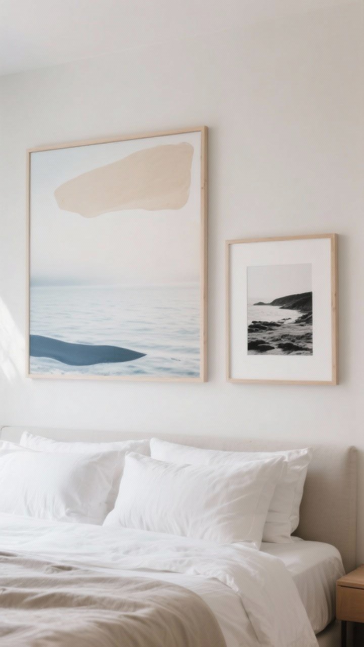 Straight-on medium shot of a calming art wall above a bed: a large soft seascape with a misty horizon, an abstract in sand/blue/white, and a black-and-white coastal photograph, all in simple frames (white, light wood, thin black); negative space around each piece; neutral bedding and light walls; gentle daylight, serene mood; photorealistic