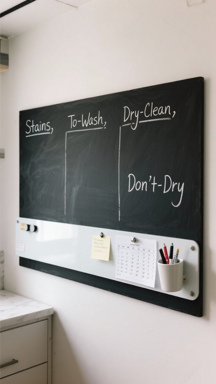 Straight-on medium shot of a chalkboard painted panel acting as a command center: hand-drawn section headers “Stains,” “To-Wash,” “Dry-Clean,” “Don’t-Dry” in crisp chalk lettering; magnetic whiteboard strip alongside with notes and a pickup schedule; a mounted cup holding chalk/markers; tidy, practical, modern vibe.