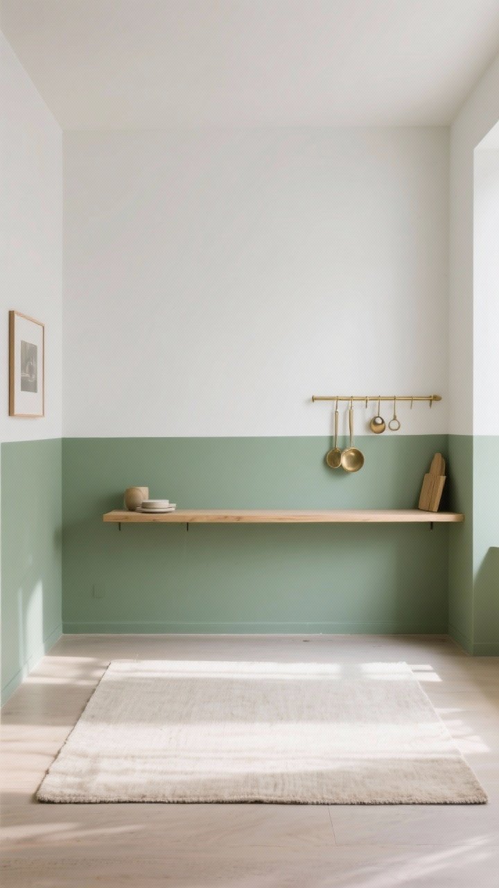 Straight-on medium shot of a color-dipped scheme: crisp modern band with sage green lowers and clean white uppers; walls painted to match the uppers so they visually disappear; simple putty-toned rug, minimal decor, and a light wood open shelf for a gallery feel; natural daylight, subtle shadows, and a slim brass rail for hanging utensils.