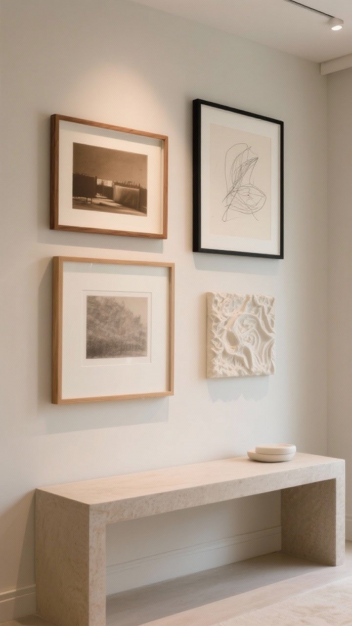 Straight-on medium shot of a curated neutral art wall: pieces in earthy tones—sepia photography, graphite line drawings, and a small plaster relief—float-mounted with heavy matting; frames in oak, maple, and slim black for clean contrast; a neutral console below with minimal styling; soft gallery-like lighting accentuating texture and pigment.