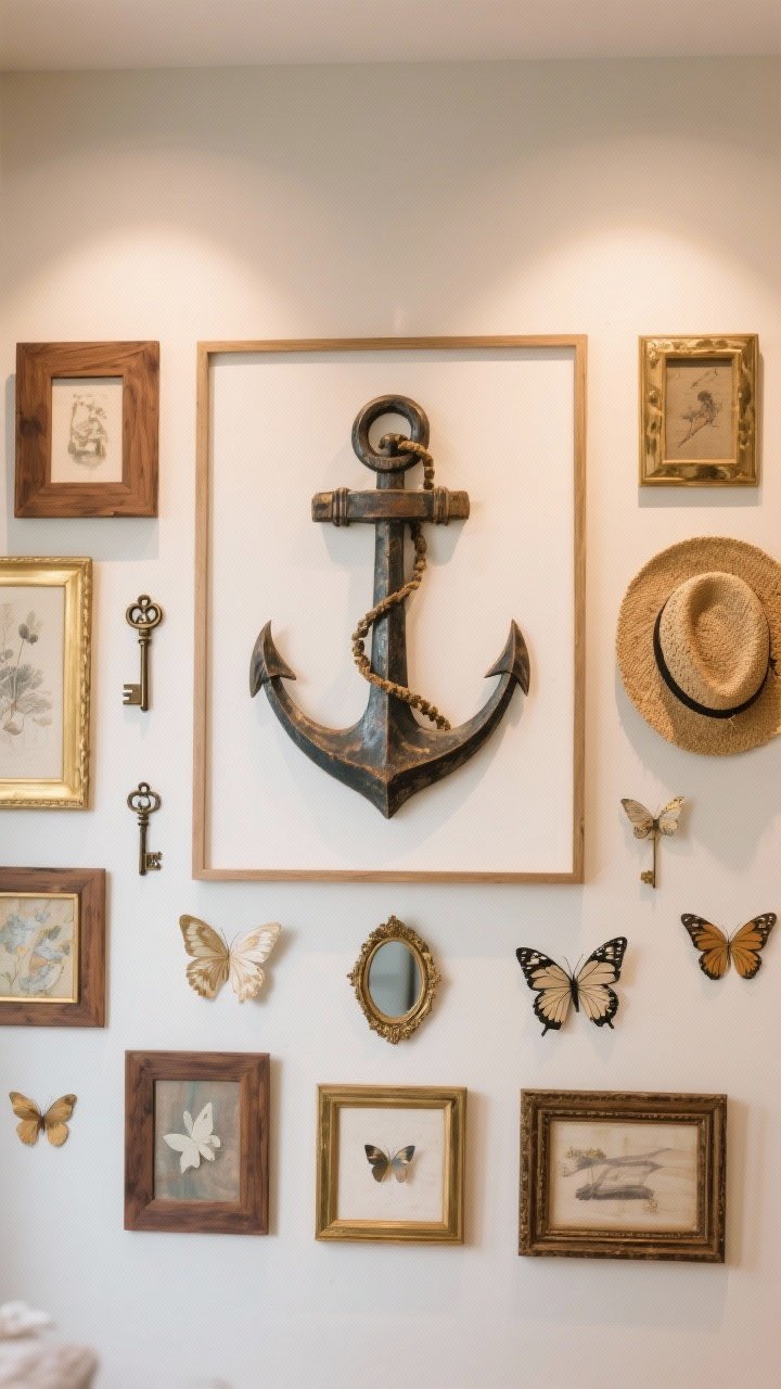 Straight-on medium shot of a fantastical gallery wall: one large anchor artwork centered, surrounded by mixed frames (wood, brass, and painted) and unexpected objects—vintage keys, tiny mirrors, a straw hat, and a few 3D paper butterflies; layout feels curated with small items grouped in threes and fives; neutral wall color and gentle indirect lighting for clarity and charm.