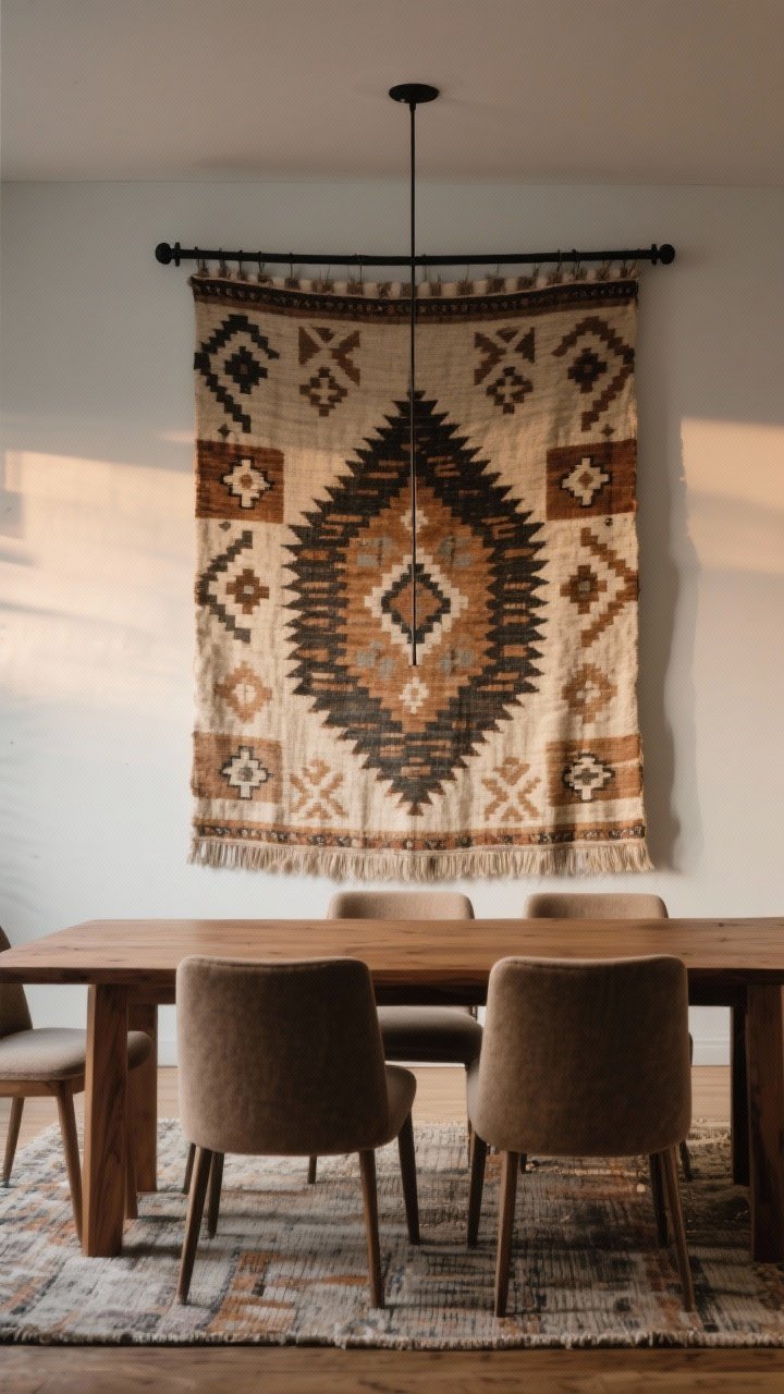 Straight-on medium shot of a large-scale flatwoven textile—vintage kilim with earthy neutrals and graphic pattern—hung with a minimal black metal rod above a hardwood dining setup; the textile absorbs sound and adds warmth, acting as a singular statement piece with no competing decor; colors harmonize with dining chair upholstery and rug; soft ambient evening light for cozy acoustics
