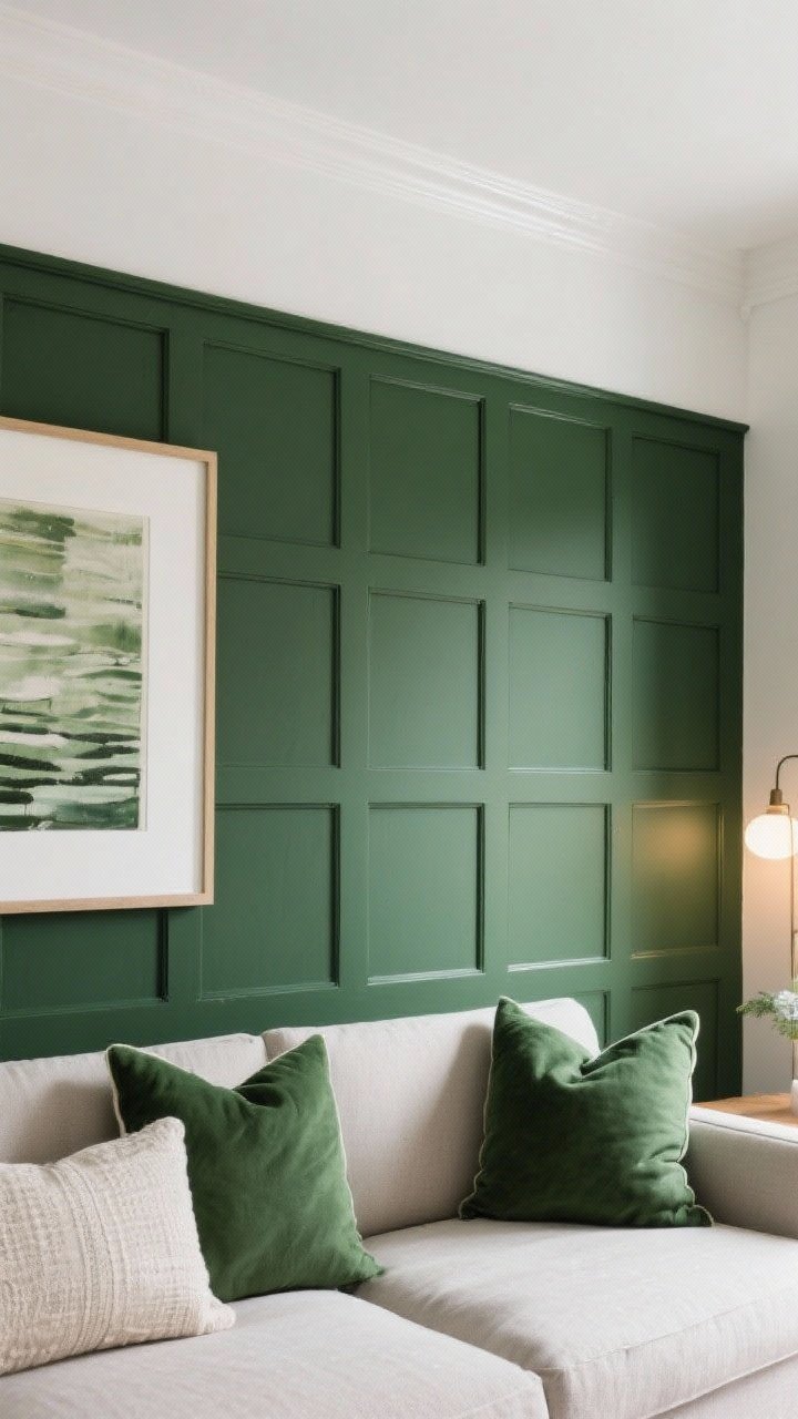 Straight-on medium shot of a living room wall featuring a half-painted design: deep olive green board-and-batten paneling up to 36–42 inches with white above; satin sheen on the paneling, cushions and framed art echoing the green tone; balanced, custom look with gentle side lighting