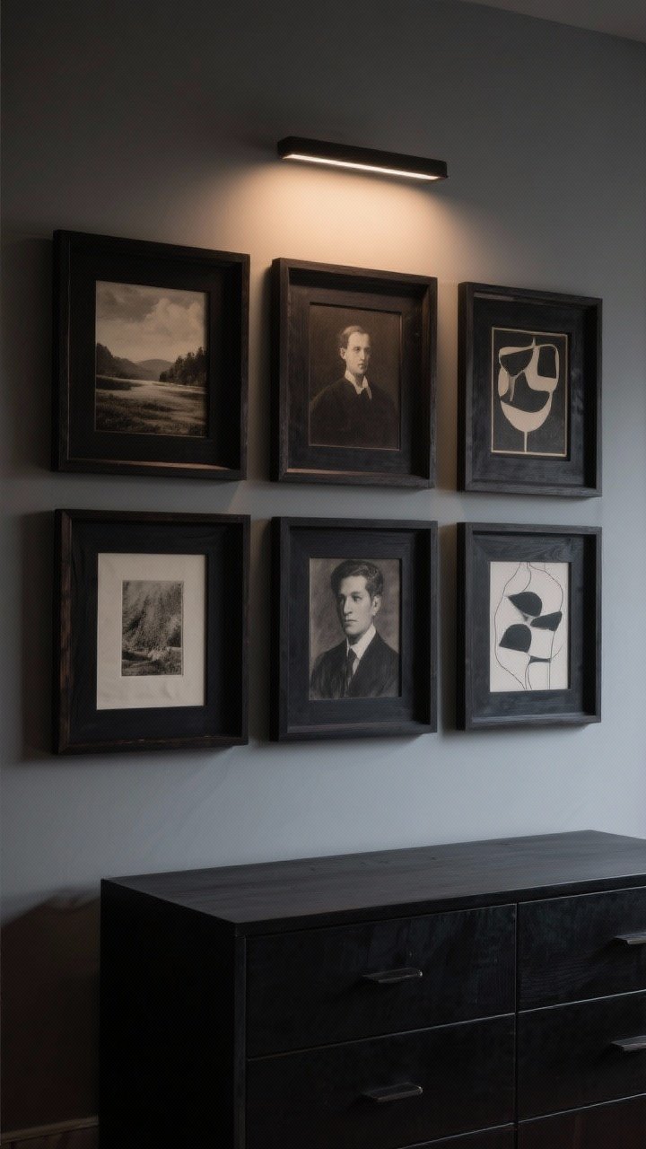 Straight-on medium shot of a moody gallery wall above a dark dresser: vintage landscapes and portrait studies mixed with abstracts in black and dark wood frames; tight spacing of roughly 2 inches between frames; rich, shadowy color palette; a single dim picture light casts a soft wash over the arrangement.