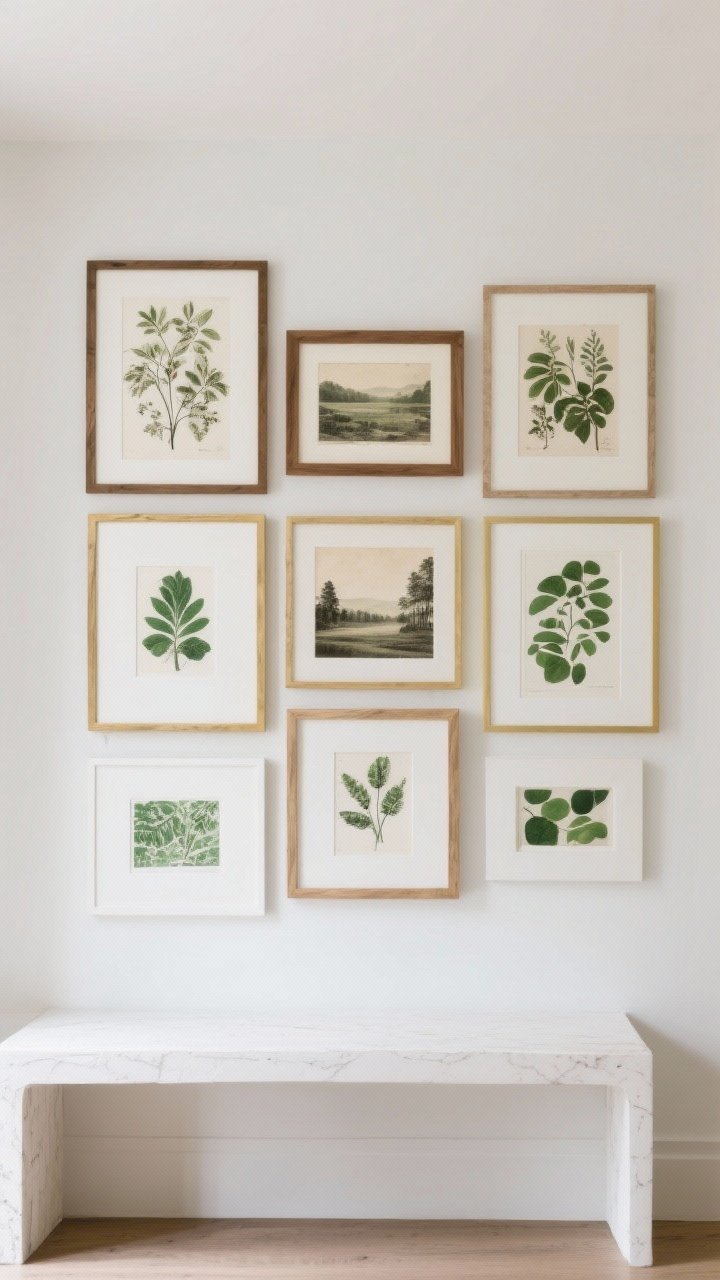 Straight-on medium shot of a nature-inspired gallery wall: botanical prints, vintage landscapes, and abstract green studies on white backgrounds, framed in a mix of white, oak, and gold; arranged as a tight grid above a white console; mixed media textures visible in soft, even lighting