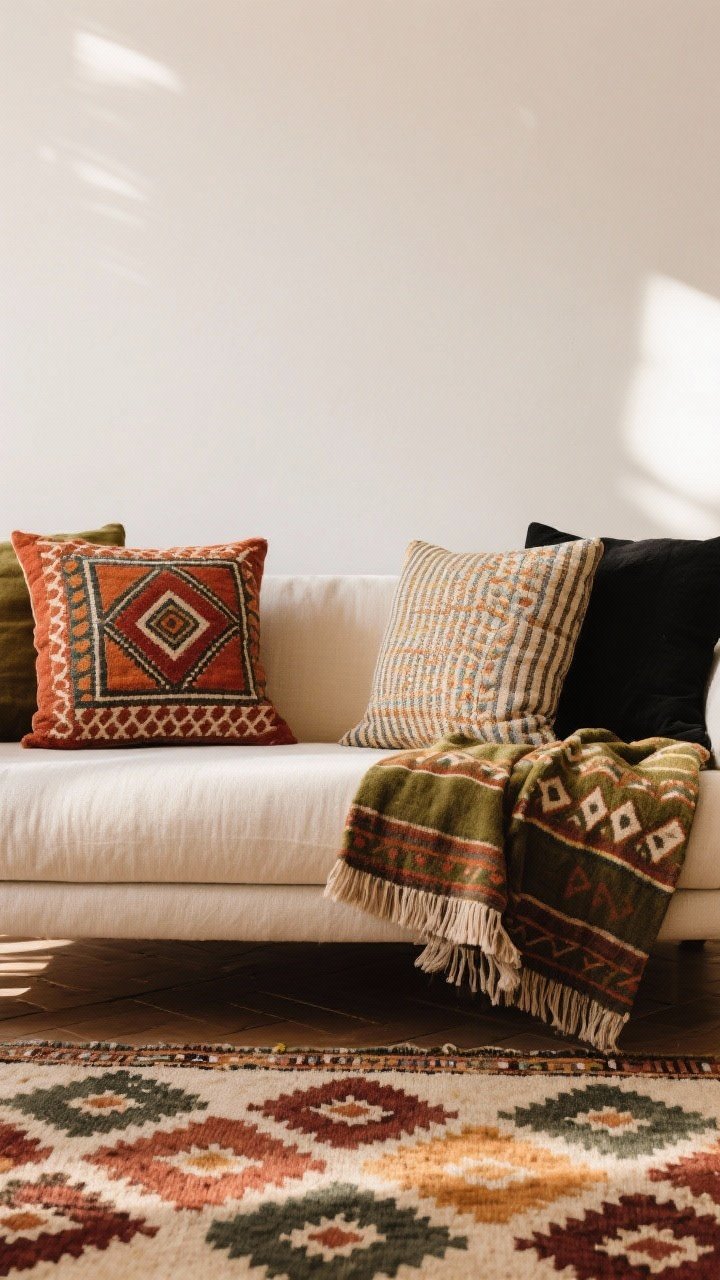 Straight-on medium shot of a sofa with mixed textiles in a tight palette of rust, cream, olive, and black: one bold Moroccan geometric pillow, one medium-scale Indian block print throw, and a small-scale striped cushion; a kilim rug below echoes a diamond motif, creating pattern repetition; diffuse daylight, calm yet curated vibe.