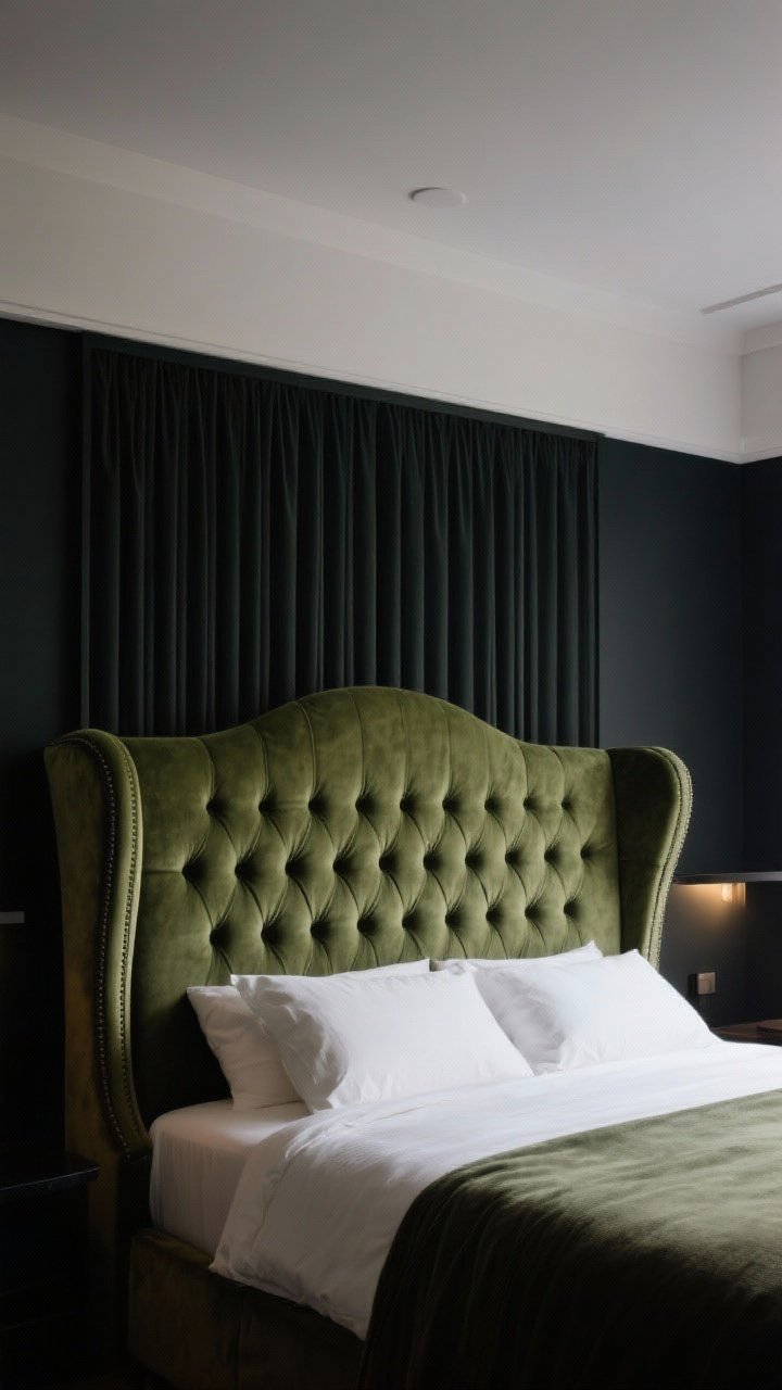 Straight-on medium shot of a statement headboard: an oversized velvet wingback in deep moss with tufting, framed by dark walls; optional fluted slat paneling extends behind the bed up to the ceiling to add height and texture; minimal bedding so the headboard dominates, moody side lighting for drama.