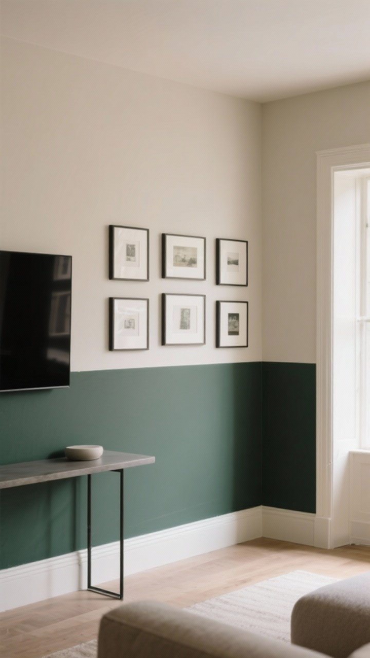 Straight-on medium shot of a two-tone painted living room wall with a clean horizontal split: 60/40 ratio, warm light neutral on top and deep charcoal or smoky green on the bottom like a modern chair rail; simple gallery frames arranged above a slim console to show balance; option shown on a secondary panel with a vertical split around a corner to offset a TV; soft edge hand-painted line visible on a side segment for a relaxed vibe; diffuse daylight.