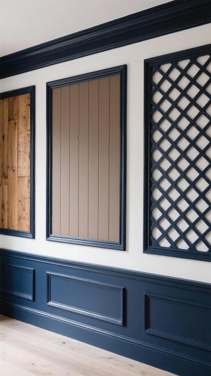 Straight-on medium shot of a wall transformed with trim: tone-on-tone picture frame molding painted deep navy for a Parisian, timeless look; adjacent panel shows board-and-batten in warm taupe for cozy modern farmhouse; another panel displays a high-contrast geometric grid in charcoal; the wall and trim share the same hue for shadow-rich depth; clean, even lighting.
