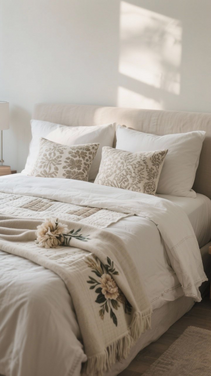 Straight-on medium shot of an “effortless” bedscape: two Euro shams, two sleeping pillows, two patterned throw pillows, duvet folded halfway to reveal a quilt beneath, and a casually draped throw blanket; neutral base with one floral accent; edges soft and slightly undone; morning light creating a cozy, inviting look; photorealistic.