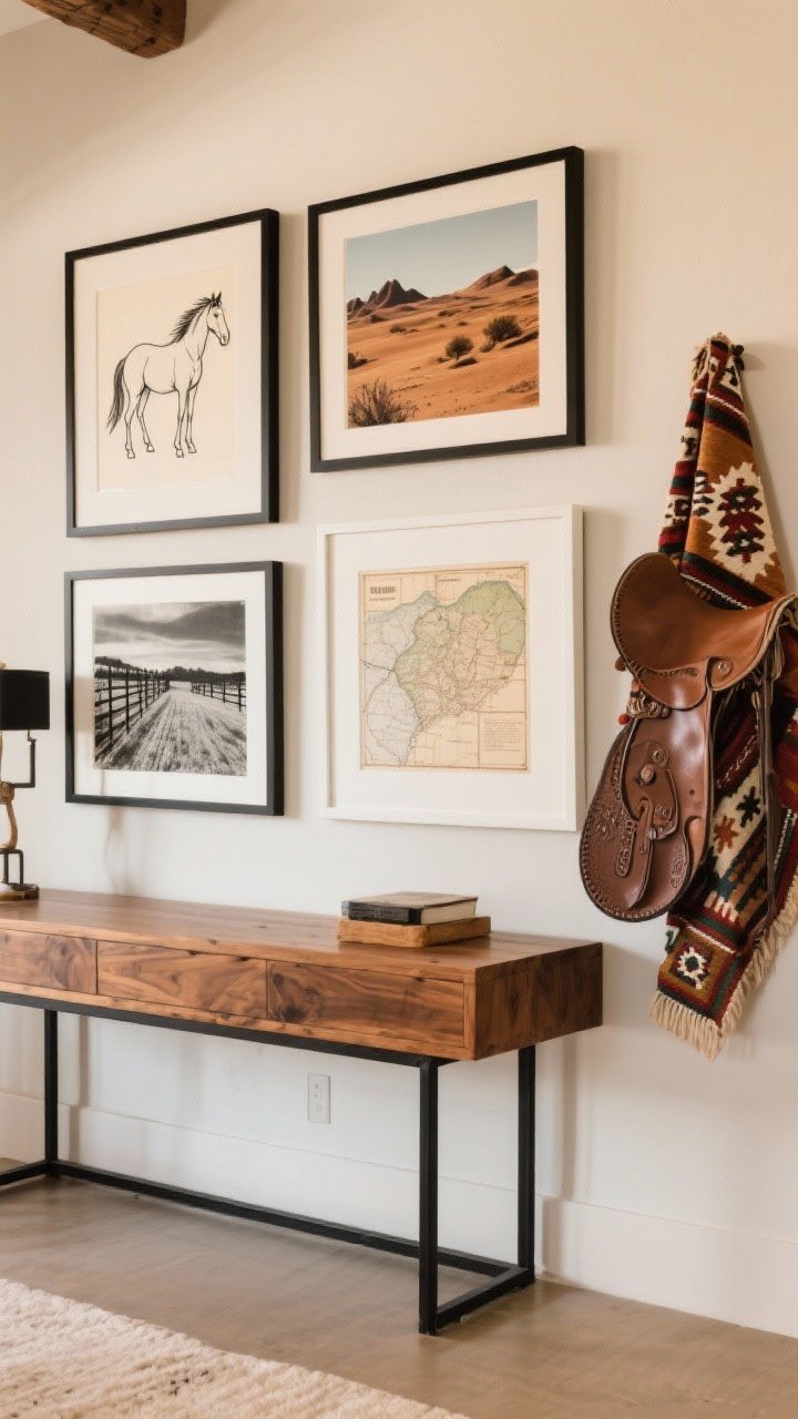 Straight-on medium shot of curated Western art: a gallery wall above a console mixing black metal, warm wood, and white frames; art includes a desert landscape print, line drawing of a wild horse, a vintage map, and black-and-white ranch photography; a woven kilim or saddle blanket hung as textile art to one side; warm, even lighting to keep it chic, not themed.