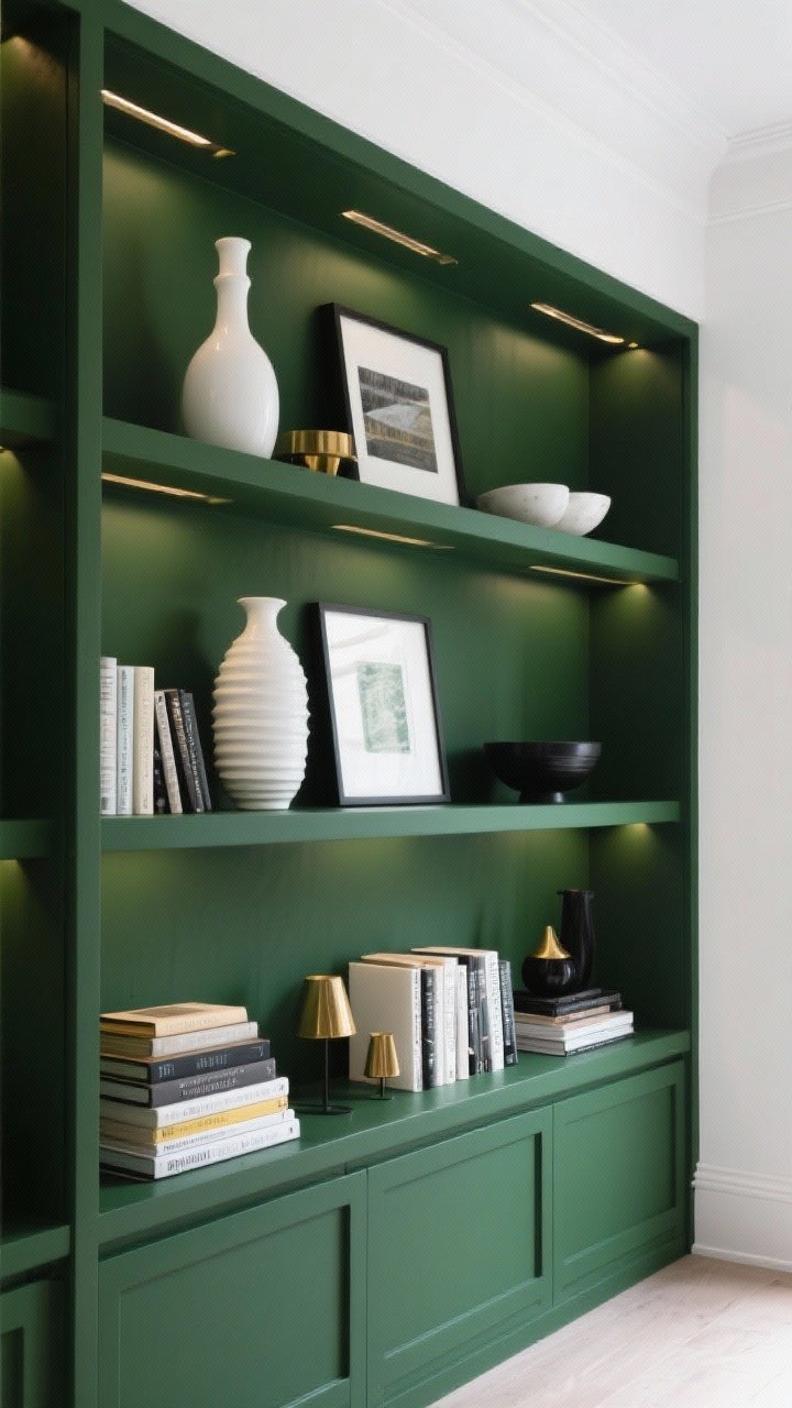 Straight-on medium shot of dark hunter green built-in shelves with integrated library lights above; shelves styled with white ceramic vases, frames, and bowls that pop against the green, books stacked horizontally and vertically, and a few brass and black accents; the surrounding walls kept white