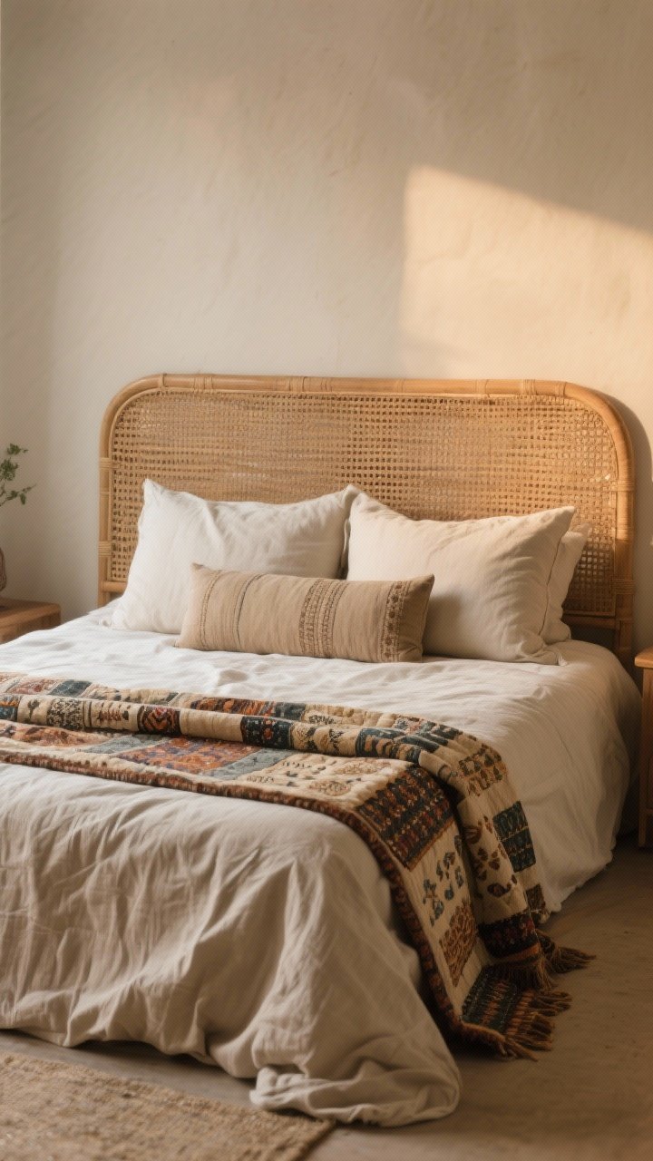 Straight-on medium shot of the bed as star: linen duvet with relaxed wrinkles, patterned quilt or kantha throw folded at the foot, pillow arrangement of 2 Euro shams + 2 standard pillows + 1 long lumbar; woven or rattan headboard framing the bed; cozy but unpressed look; warm ambient light for a lived-in, luxe feel; photorealistic.