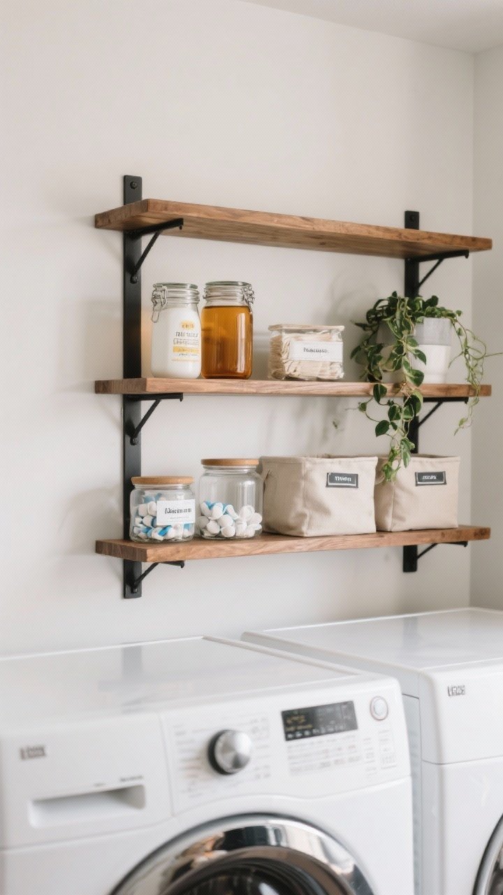 Straight-on medium shot of vertical open shelving above white laundry machines: black metal brackets supporting warm wood shelves; clear and amber jars decanted with detergent and pods, lidded canisters for dryer sheets, a small trailing plant, and neutral fabric bins with simple labels; heavier items on the lowest shelf, top shelf mostly decorative; balanced, tidy styling.