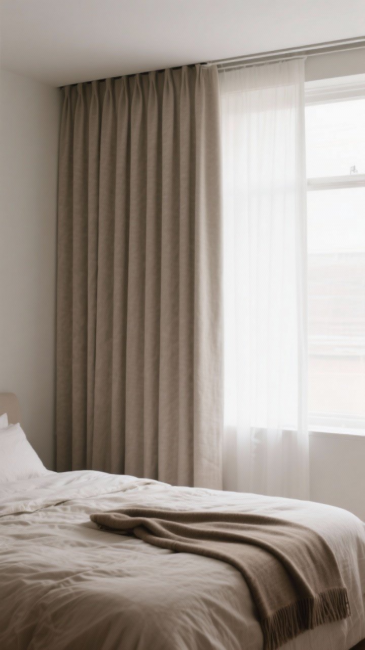 Straight-on medium shot of window wall and bed: Floor-to-ceiling blackout curtains in a neutral tone hung close to the ceiling on an extended rod, making the room feel taller. Bed dressed in linen or percale neutral bedding, a heavier duvet for cool weather, and a single colored throw for contrast. Calm, filtered light.