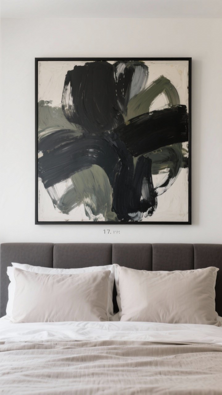 Straight-on medium shot: One large statement artwork centered above the bed, sized about 70% of the headboard width—moody abstract in black, charcoal, and olive tones on canvas with a simple black frame. The piece hangs so its center is approximately 57 inches from the floor; neutral bedding keeps focus on the art.