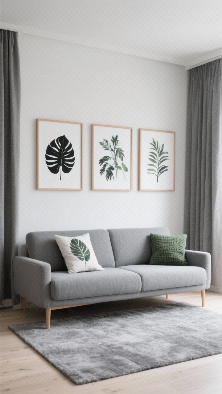 Straight-on medium shot: Three minimalist botanical prints in black or light wood frames arranged above a grey sofa. On the sofa: a leafy print pillow mixed with a solid grey and a textured green cushion. Neutral grey rug on the floor; plain grey curtains (non-patterned) to avoid overload. Clean daylight illumination. Mood: curated, fresh, not “jungle.”