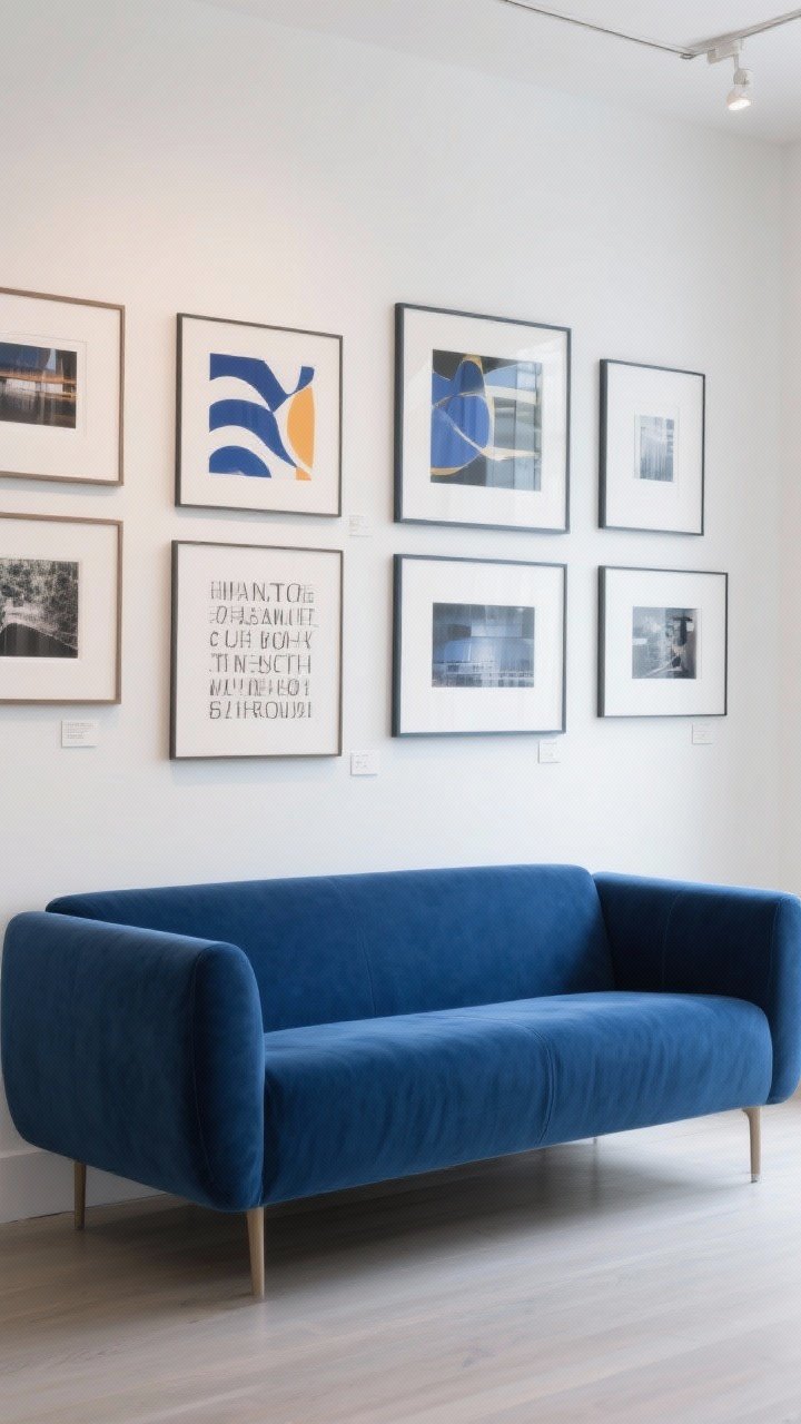 Straight-on medium-wide shot: A blue couch beneath a curated gallery wall; frames spaced 2–3 inches apart, arrangement about two-thirds the couch width; mixed content—photography, abstract art, and a typography piece—in coordinated finishes; balanced, crisp look, photorealistic.