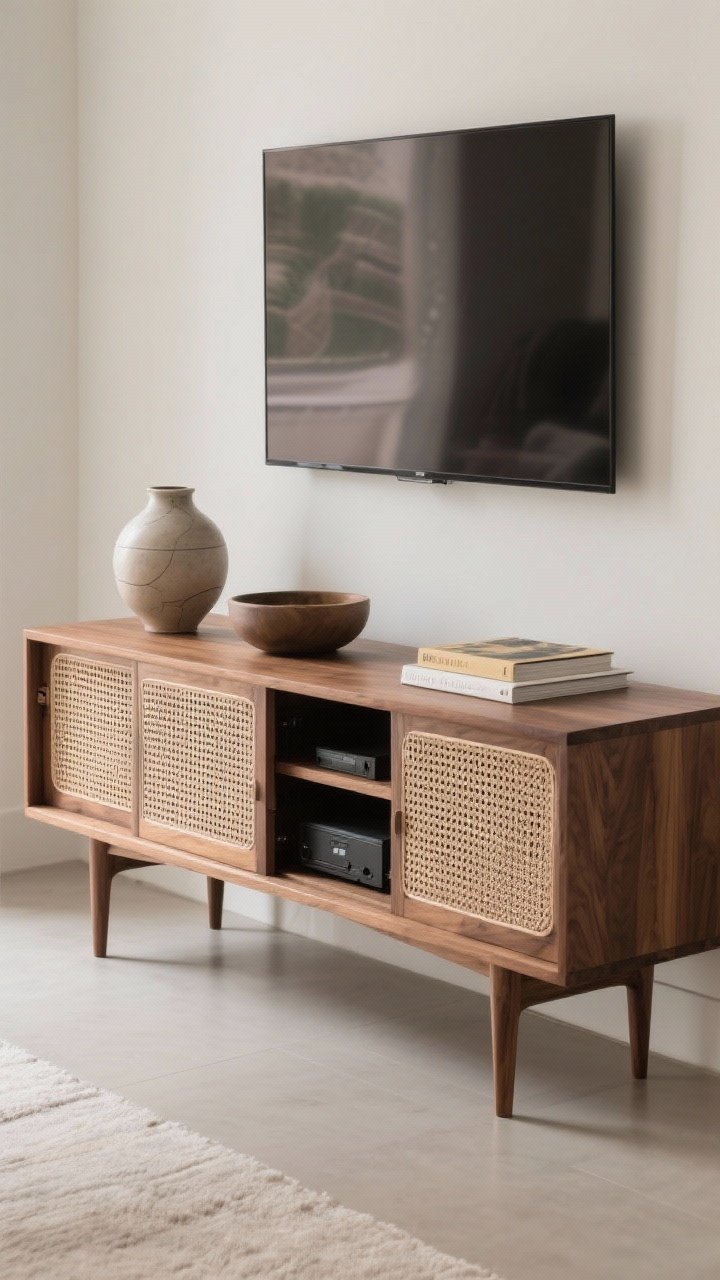 Straight-on medium-wide shot: A long, low walnut media console with tapered legs, sliding doors with caning, and ventilated compartments for electronics. The console is wider than the wall-mounted TV. Styled simply with a sculptural ceramic vase, a low bowl, and two art books. Clean lines, even natural lighting.