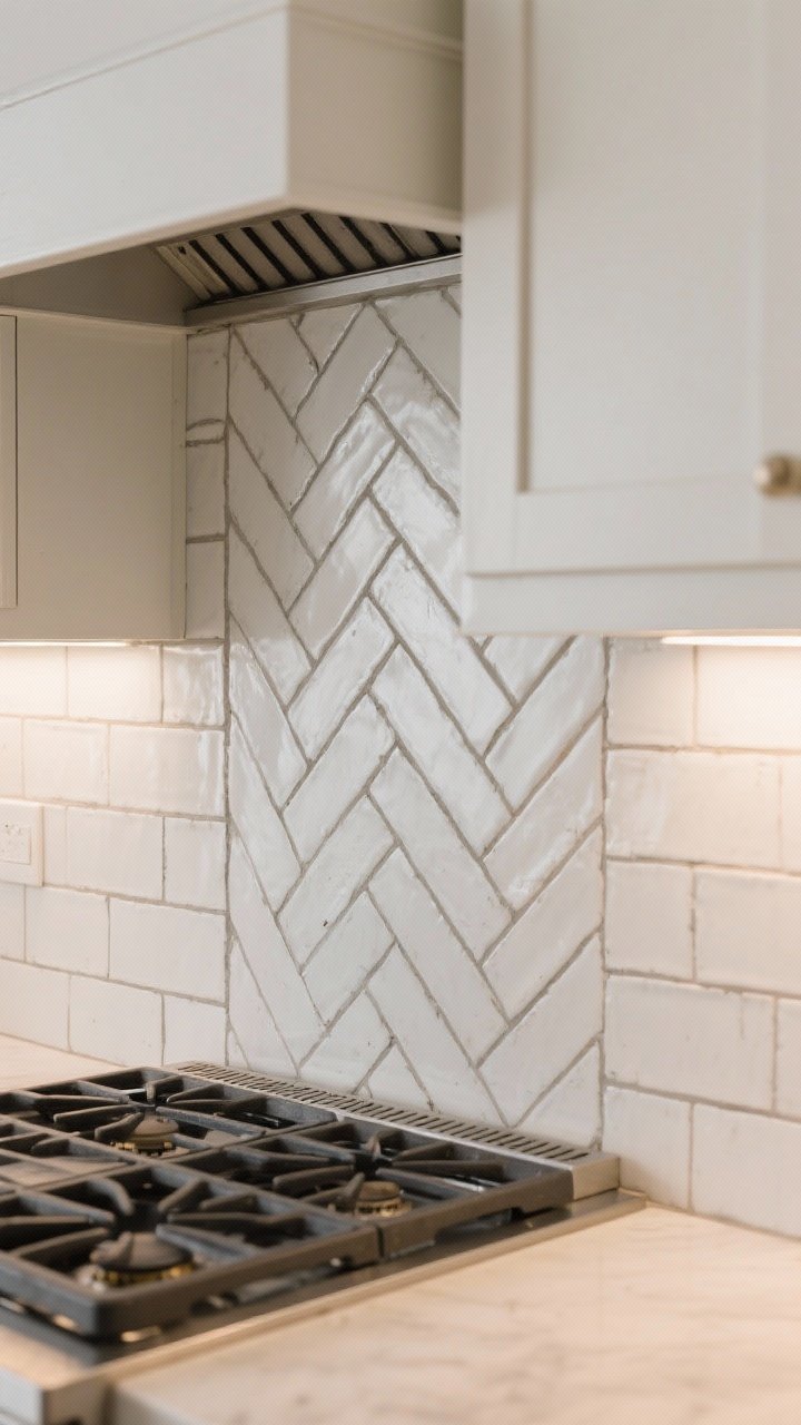 Straight-on shot of a backsplash vignette: handmade-look off-white subway tiles with slight surface variation and warm gray grout; herringbone pattern panel behind the range, standard horizontal stack on adjacent walls; soft under-cabinet lighting grazing the tile texture to avoid a cliché look while feeling classic.