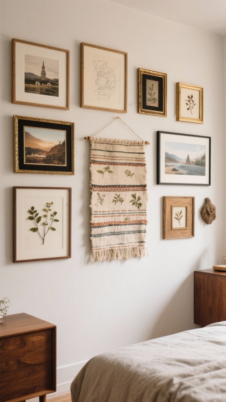 Straight-on wall composition featuring meaningful art and textiles: a vintage textile or small rug hung as a soft focal point, a gallery wall mixing travel photos, sketches, and found objects in warm wood, brass, and black frames of varied sizes; framed pressed botanicals adding delicate detail; bed edge or dresser subtly in frame; gentle ambient light; photorealistic.