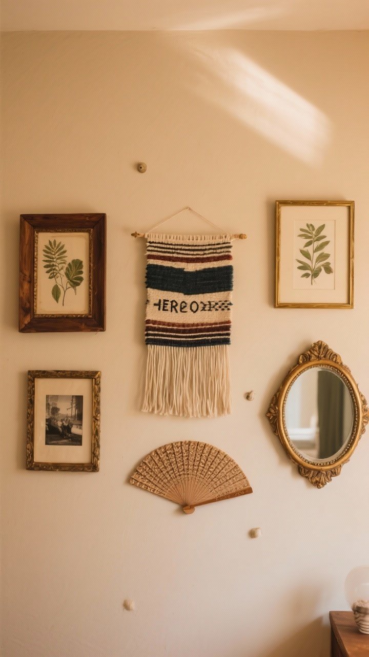 Straight-on wall shot of an eclectic gallery: a hero textile piece centered (mini wall hanging), flanked by vintage wood and brass frames with botanical prints and photography; small woven fan and a round mirror add odd shapes; pieces spaced 2–3 inches apart; warm wall color and soft, indirect light for a personal, collected feel.