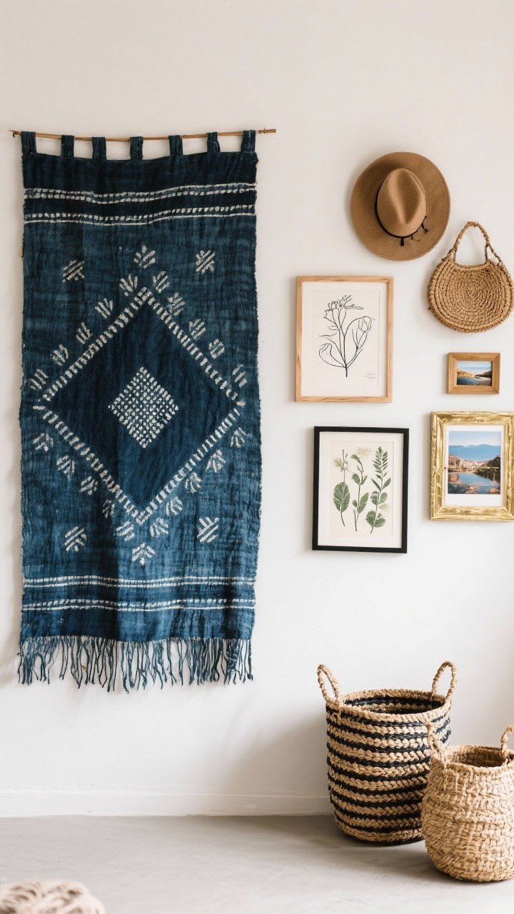 Straight-on wall vignette: Boho wall art with soul—vintage textile or indigo mud cloth hung as a large focal piece, a compact gallery mix of line drawings, botanical prints, and travel photos beside it, with woven baskets and hats adding dimension. Frames kept simple in birch, black, and brass; natural, even lighting to highlight textures.