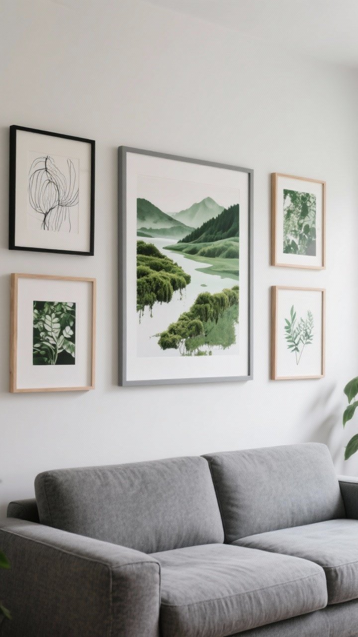 Straight-on wide shot: A gallery wall above a grey sofa featuring art with green undertones—abstract landscapes, line drawings with mossy washes, and foliage photography. Mix black, white, and light wood frames; use grey matting to make colors subtly pop. One oversized piece anchors the arrangement. Soft daylight for accurate color. Mood: cohesive, art-forward.
