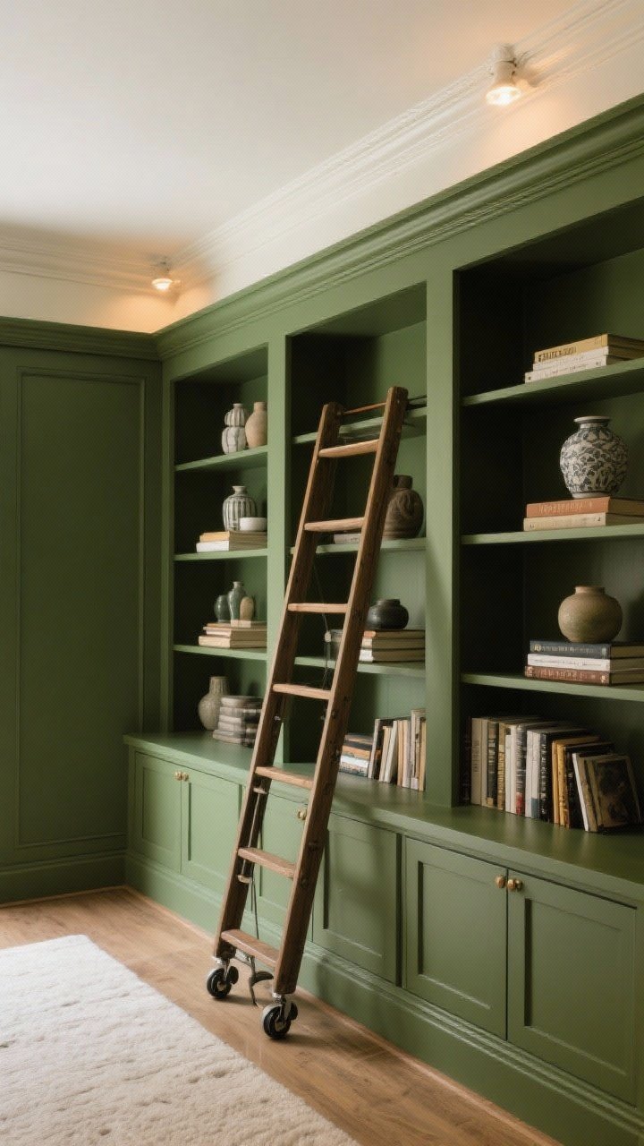 Straight-on wide shot of a built-in bookcase wall painted one unified color (shelves and back the same deep olive) to feel custom; closed lower cabinets for hidden storage; a rolling ladder on a rail for high ceilings; styled shelves with balanced books and ceramics; crown molding ties into the wall color as a budget-hack faux built-in approach; warm ambient lighting.