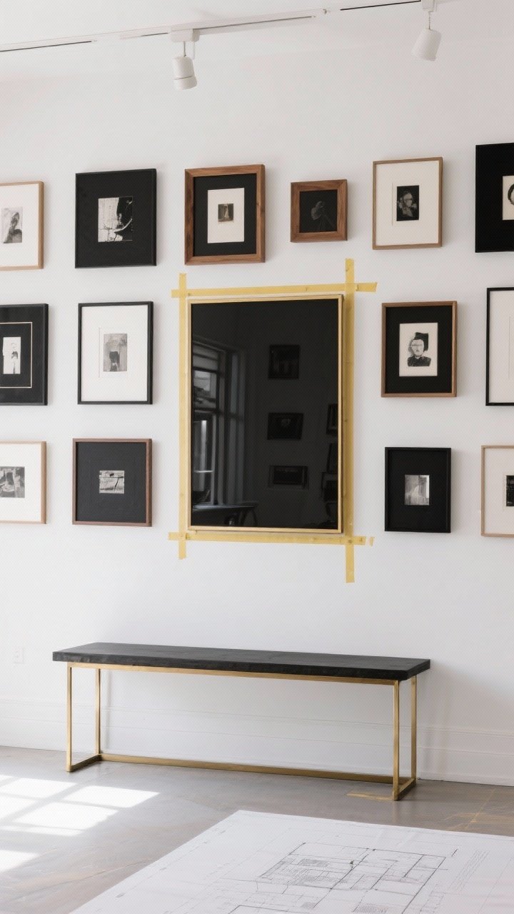Straight-on wide shot of a curated gallery wall as the main accent: cohesive palette limited to black, white, and one brass-accent tone; repeated frame finishes (all black and wood, mixed sizes); one oversized centerpiece flanked by smaller supporting pieces; painter’s tape layout markings faintly visible on the floor plan sheet atop the console; balanced, diffused daylight.