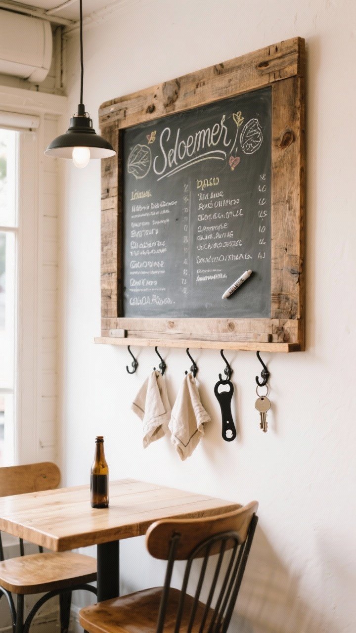 Straight-on wide shot of a custom-sized statement chalkboard framed in reclaimed wood perfectly filling an awkward wall near the table; neat chalk marker menu script and a seasonal quote; small black metal hooks below holding linen napkins, a bottle opener, and keys; surrounding area minimal to keep focus; bright but soft daylight, playful bistro energy without clutter