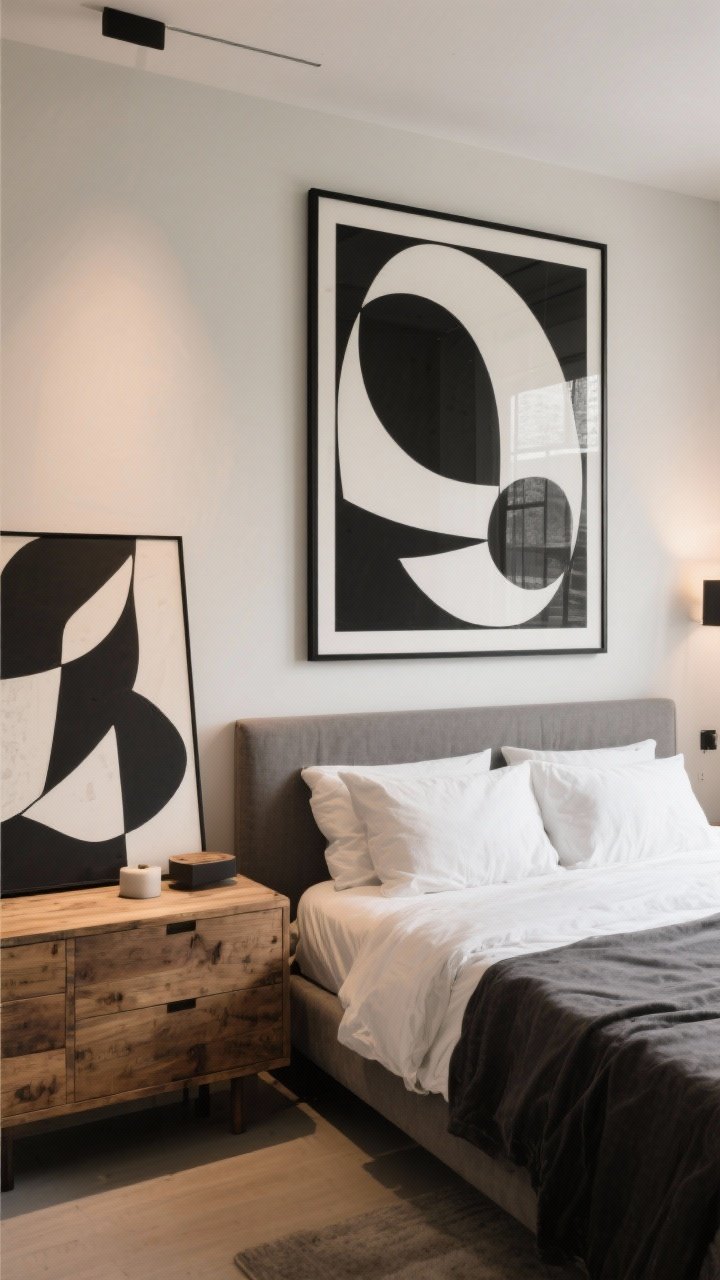 Straight-on wide shot of bold, graphic art above the bed: one oversized black-and-white photograph in a thin black frame hung slightly lower to connect with the headboard; alternative large abstract canvas leaning on a raw wood dresser; minimal accessories to let the art dominate; even, gallery-like lighting with a warm undertone.