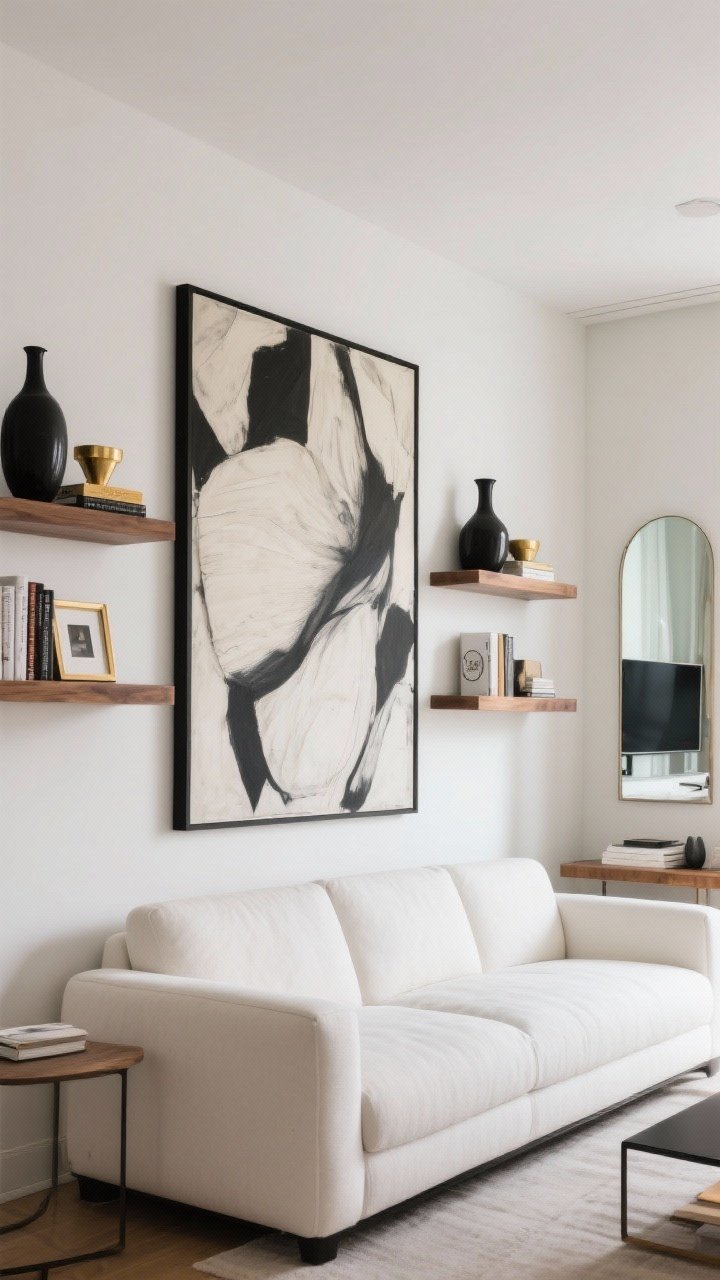Straight-on wide shot: The wall behind a white couch turned into a focal point—an oversized art piece centered above the sofa; flanking floating shelves styled with vases, books, and a few small frames in a tight palette of black, oak, and brass; a large mirror on an adjacent wall reflecting light (not the TV); balanced, airy composition.