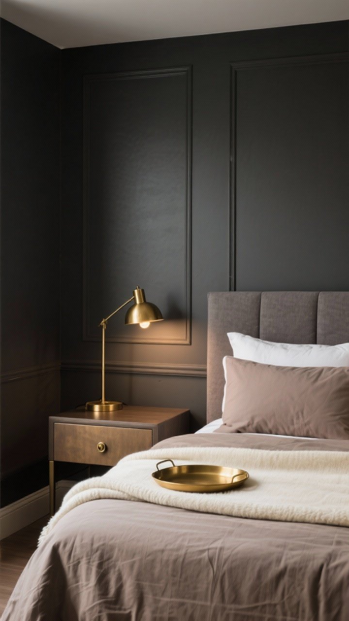 Styled vignette medium shot illustrating a curated palette: charcoal walls with taupe bedding, cream throw, and brass accents on lamps and hardware; include a small brass tray on a nightstand; overall warm, chic feel with soft, low lighting to highlight the combination.
