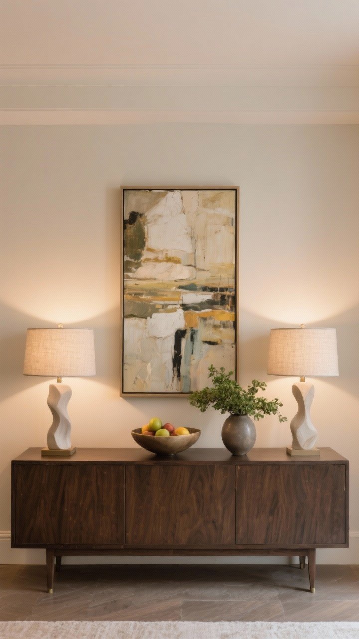 Symmetrical straight-on medium shot of a sideboard wall: large artwork centered above at 60–75% of sideboard width, bottom of frame 8 inches above surface; matching table lamps with linen shades on either side aligning near the top edge of the frame; a sculptural bowl with fruit and a low vase of greenery centered on the sideboard; warm balanced lighting, calm and confident, looks high-end yet approachable
