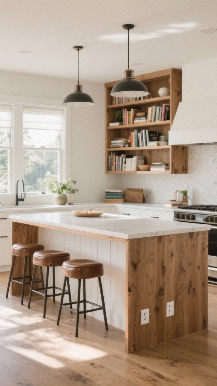 Three-quarter medium shot of a functional island as a workhorse: stained white oak island with waterfall edge, integrated bookshelf at one end, wipeable faux-leather stools, and outlets discreetly placed on the island side; 36–42 inches of clear space around; family-friendly yet refined, natural afternoon light.