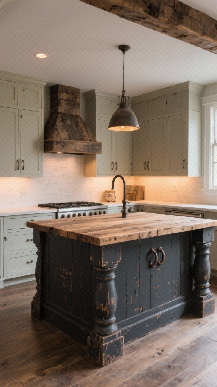 Three-quarter view of a rustic farmhouse kitchen island as the focal point: reclaimed wood or butcher block top, base painted a moody charcoal, with oversized cup pulls; surround with lighter perimeter cabinets for contrast; include subtle scuffs and patina on the island and warm ambient lighting to emphasize the sturdy, timeworn feel.